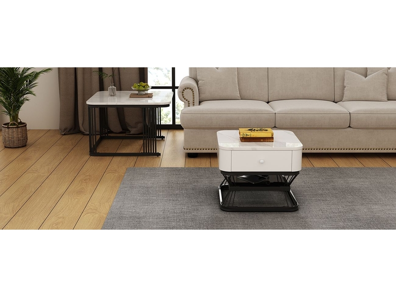  Table basse set 2 pièces 70x70x50 50x50x40, plateau effet marbre brillant table basse salon, 1 tiroir, piètement métal, idéal petits espaces  - Conforama C