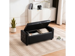 Banc coffre de rangement noir capitonné 122 cm, pouf rectangulaire pour chambre et salon