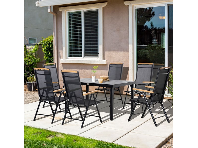  Salon de jardin 6 places avec table 140 x 90 cm et chaises pliantes réglables noires  - Conforama B