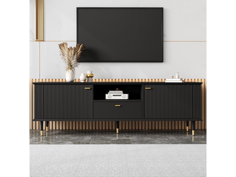  Meuble tv avec 2 portes, niche ouverte et tiroir - lpospi - passe-câbles, fermeture douce, mdf noir 170 × 36 × 54 cm  - Conforama B