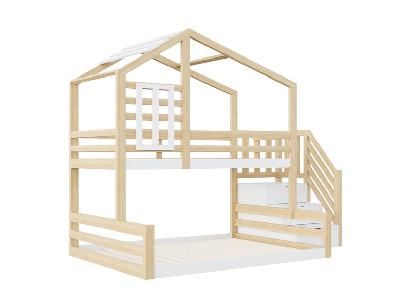 Lit superposé naturel 90x200 cm en pin, fenêtre, escalier-rangement, style maison - Conforama E