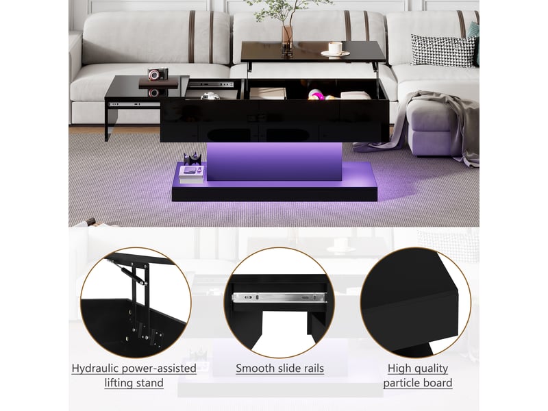  Table basse relevable led 100×50 cm – plateau semi-lift et rangement intégré – design moderne  - Conforama E