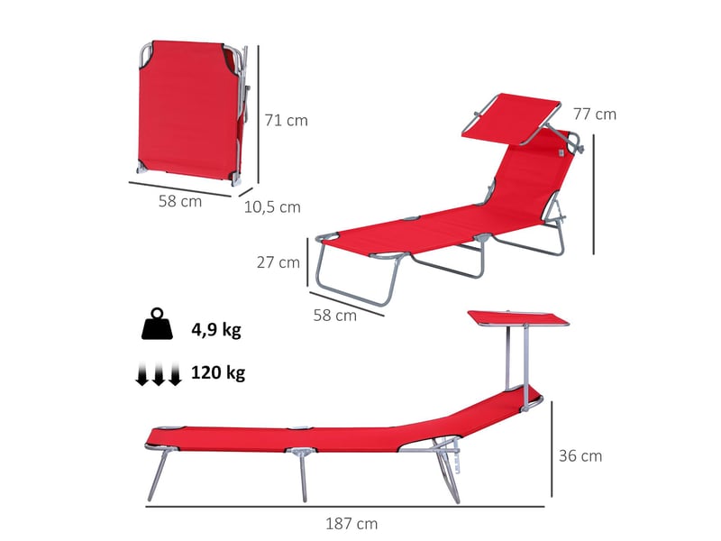  Transat de jardin pliable avec pare-soleil 4 positions rouge 187 x 58 x 36 cm  - Conforama C