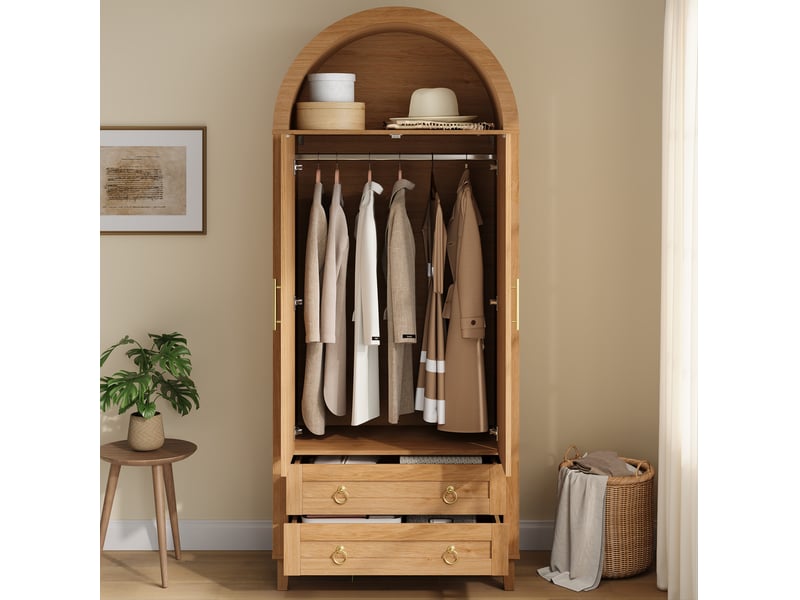 Armoire 2 portes avec led, penderie et 2 tiroirs 76x50x184 cm, naturel - Conforama B