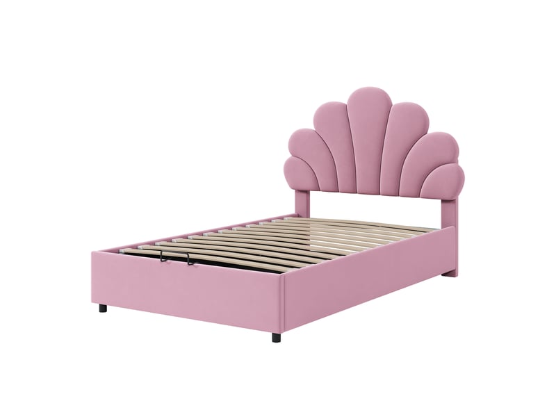 Lit coffre enfant 90x200 cm avec espace de rangement, tête de lit réglable et sommier, velours, rose, sans matelas - Conforama R