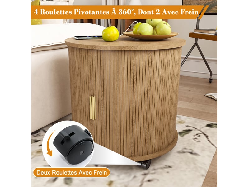  Table de chevet ronde style mid-century avec station de charge – chêne – 60 x 60 x 60 cm  - Conforama E
