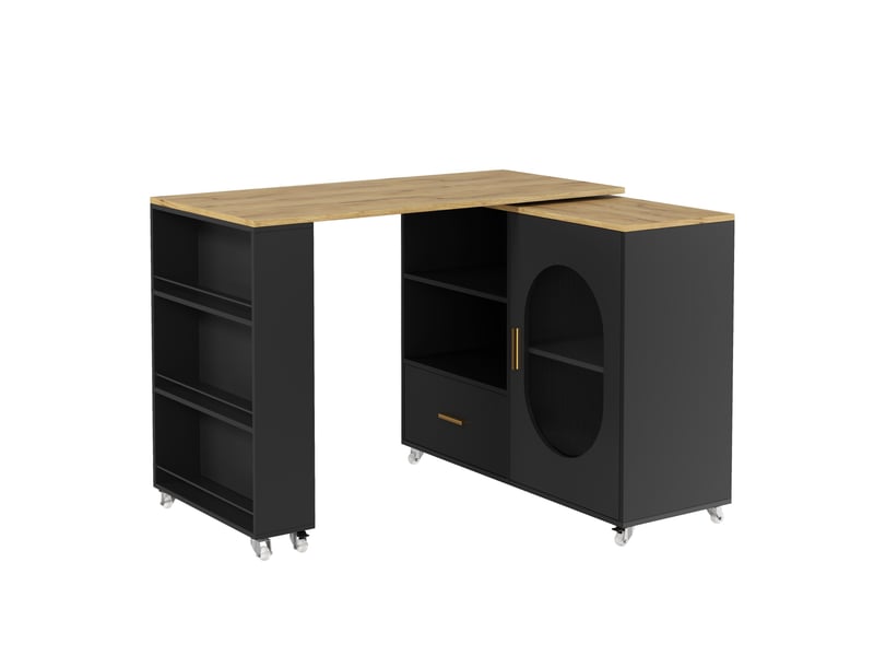 Îlot de cuisine mobile avec plateau pivotant 360° 120-180x60x90 cm noir naturel - Conforama E