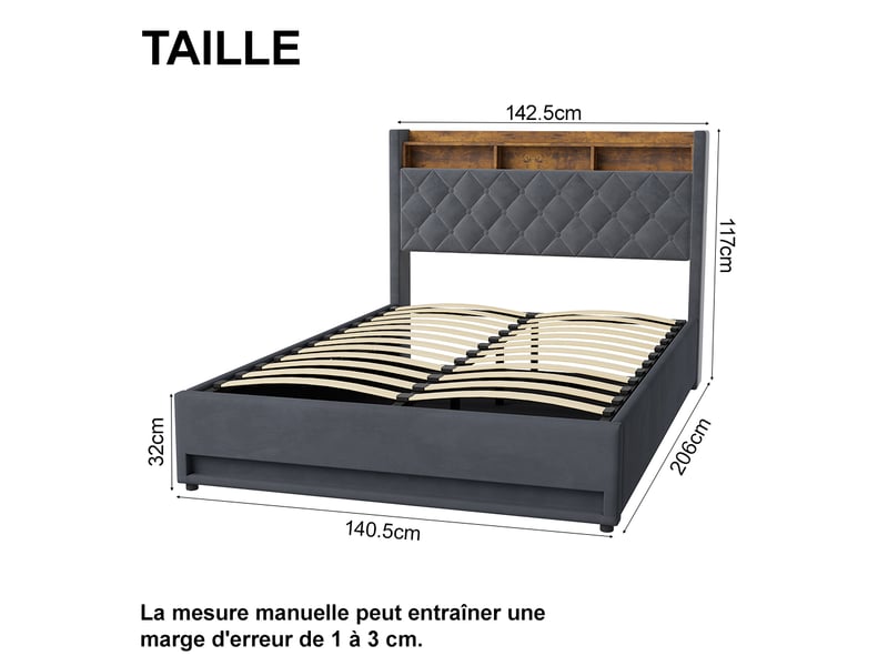  Lit rembourré en velours gris foncé 140 x 190 cm  - Conforama E