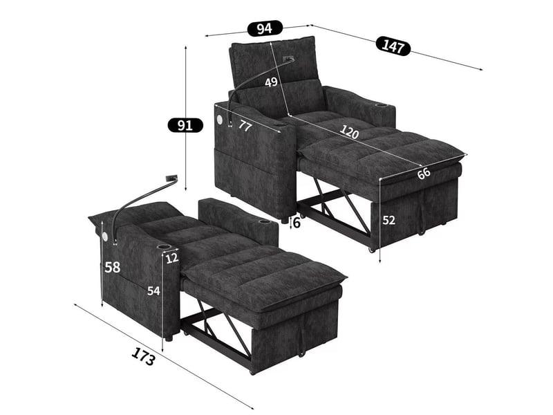 Fauteuil convertible 1 place 3-en-1 94x147 cm, couchage jusqu’à 173 cm, dossier 3 positions, usbusb-c, support téléphone 360°, chenille grise Morn Vibe - Conforama E