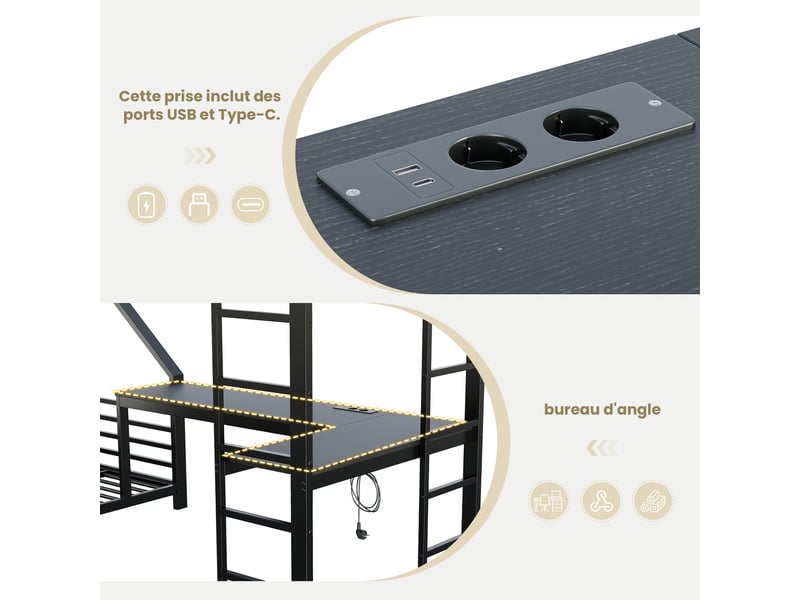  Lit superposé enfant 3 places 90140×200 cm lit simple lit double en fer avec bureau prises ports usb pour garçon fille, noir  - Conforama R