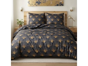 Parure housse de couette 260x240cm + 2 taies motif rétro bleu nuit et jaune 100% microfibre - bariton