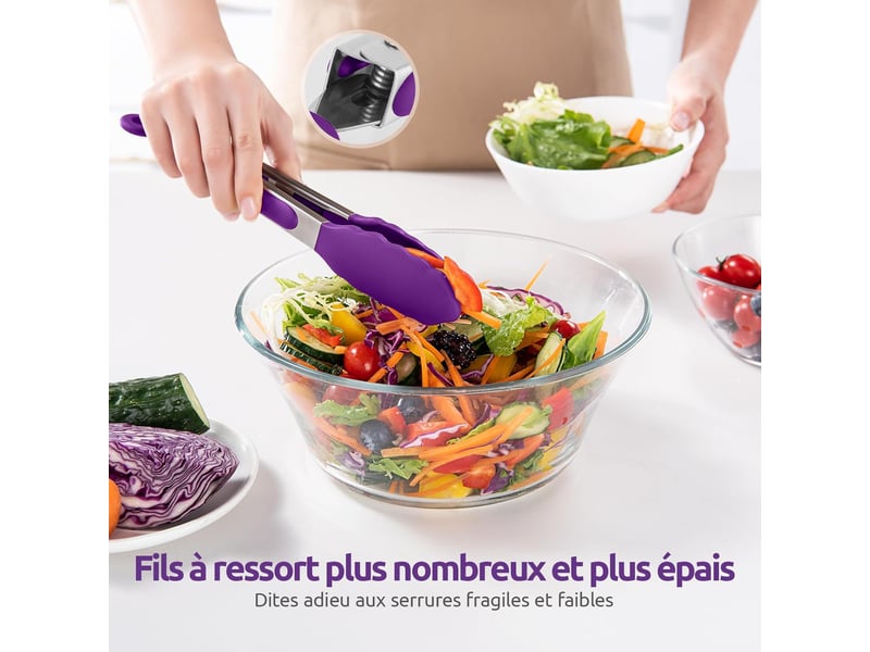  Pince de cuisine en silicone résistant à la chaleur avec embouts en caoutchouc scellés et poignée en acier revêtue de silicone pour servir (violet) No Commercial reference - Conforama E