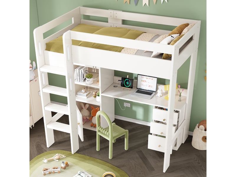  Lit mezzanine enfant 90x200cm- lit avec bureau - usbtype-c - armoire - caisson 3 niveaux - tiroirs - escalier sécurisé - blanc  - Conforama B