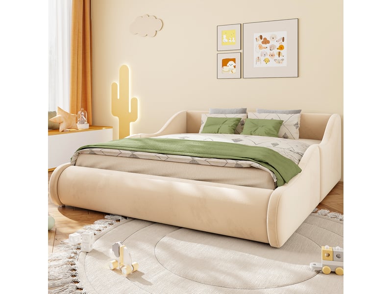 Lit enfant 2 places 140 x 200 cm en velours beige, tête de lit haute et barrières latérales, sans matelas - Conforama E