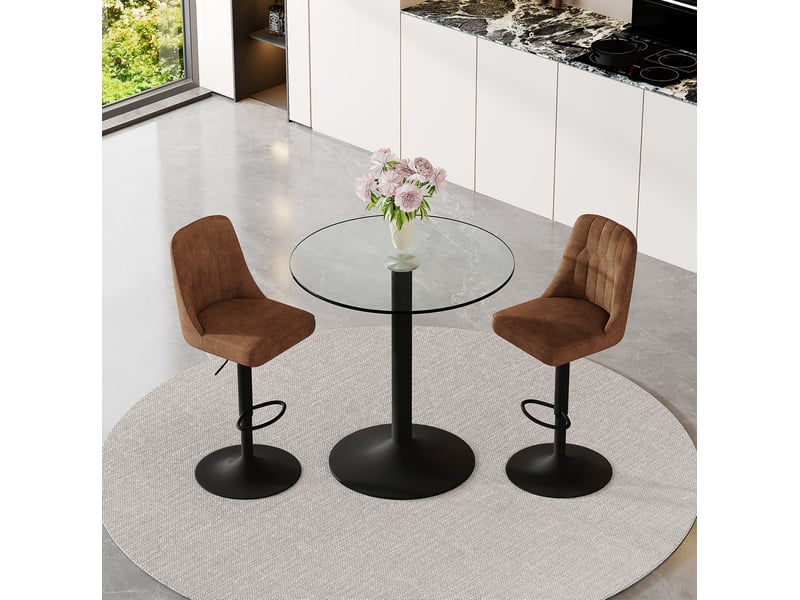 Ensemble bar table ronde en verre ø 89 cm avec 2 tabourets pivotants marron réglables, structure métal noir - Conforama B