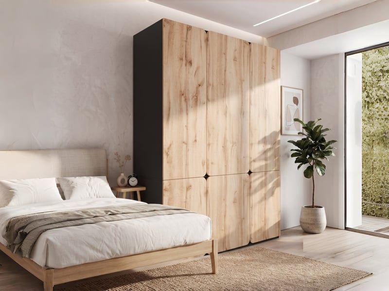  Armoire à portes battantes 8 vantaux, 180 x 50 x 200 cm, 2 penderies et 6 tiroirs, look moderne, chêne artisan  - Conforama B