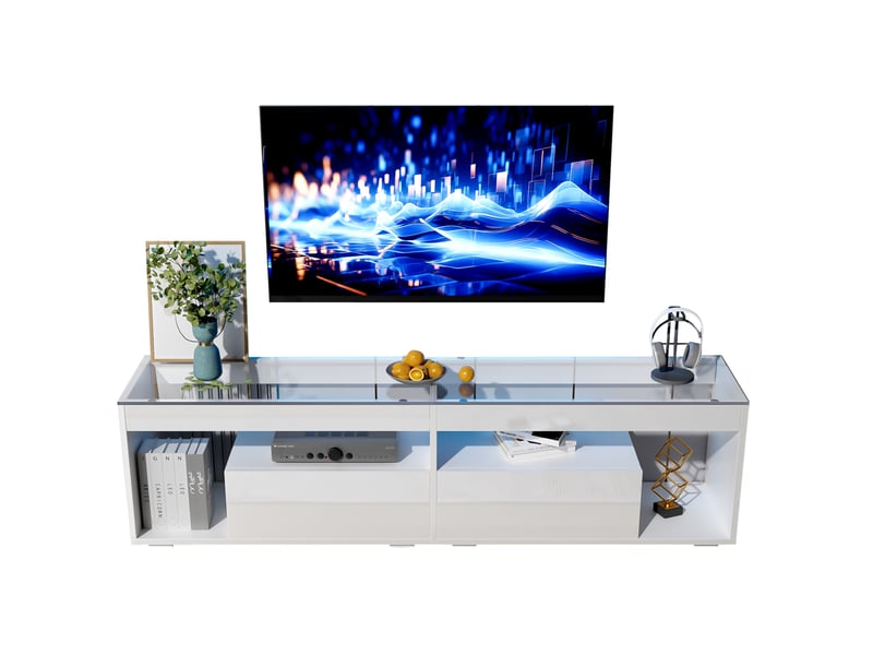 Meuble tv modenvie led blanc brillant 180 x 40 x 46 cm avec 2 tiroirs pour téléviseur jusqu’à 70 pouces  - Conforama A