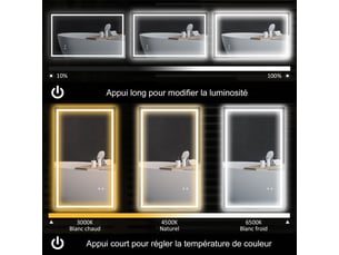Miroir salle de bain éclairage led miroir lumineux salle de bain mural interrupteur lumière tactile 3 couleurs 100 x 60 cm