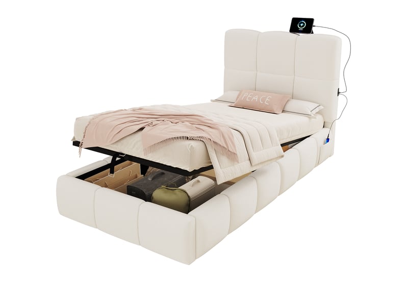  Lit enfant 90x200 coffre avec rangement tissu bouclette beige port usb intégré  - Conforama A