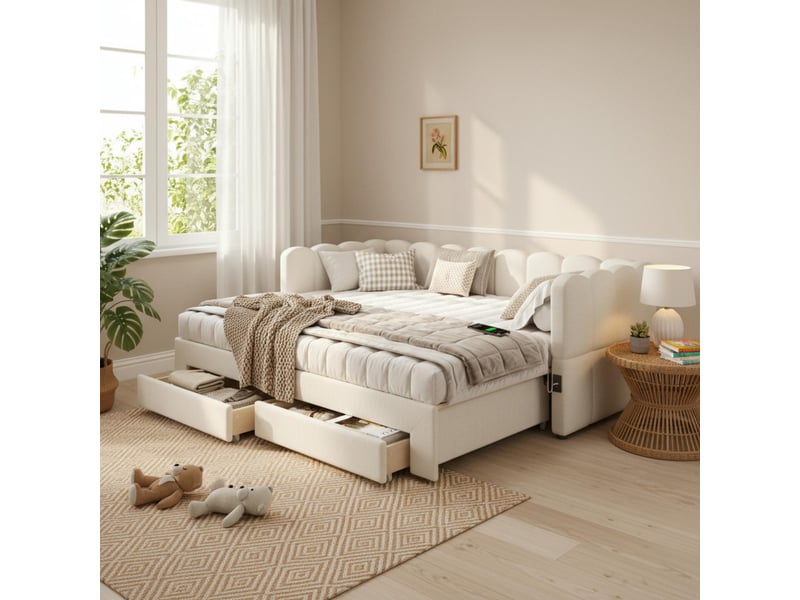  Lit rembourré 90x190 cm, canapé-lit avec 2 tiroirs de rangement, lit simple a extensible jusqu'à 180 cm, lit de jour avec port usb  - Conforama E