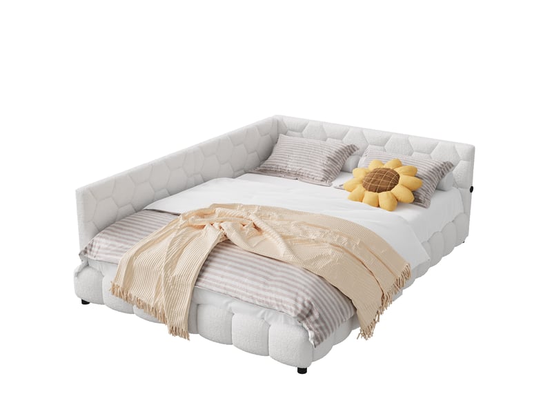 Lit d'angle 140x200 cm avec led et usb,canapé-lit rembourré,lit 2 places,sommier à lattes,lit double,laine d'agneau,blanc - Conforama A