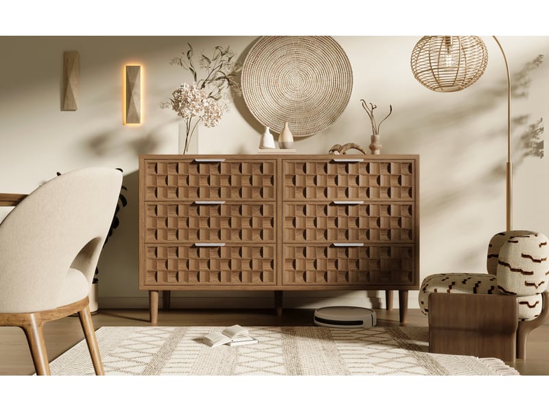  Commode à  6 tiroirs décor chêne 120 x 37 x 77 cm, motif gaufre chocolat, poignées en métal  - Conforama D