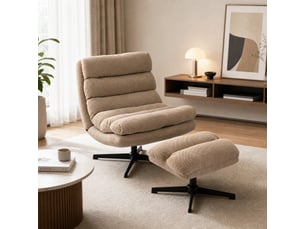 Fauteuil de salon et repose-pieds style rétro matelassé tissu toucher lin marron