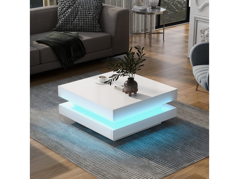 Table basse led 70x70x36 cm avec plateau rotatif à 360°, table de salon carrée alimentée par usb, style high-tech et finition haute brillance, blanc OPULERANE TRADING LTD - Conforama D