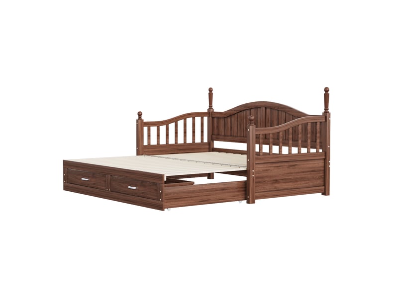  Canapé-lit gigogne extensible 90x190 cm en bois, dossier galbé, accoudoirs colonnes et tiroirs, finition noyer, sans matelas  - Conforama R