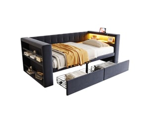 Lit rembourré 90×190 cm, avec éclairage led, prise électrique et grand espace de rangement, avec tiroirs spacieux, lit rembourré, canapé-lit multifonctionnel, lit simple, gris foncé