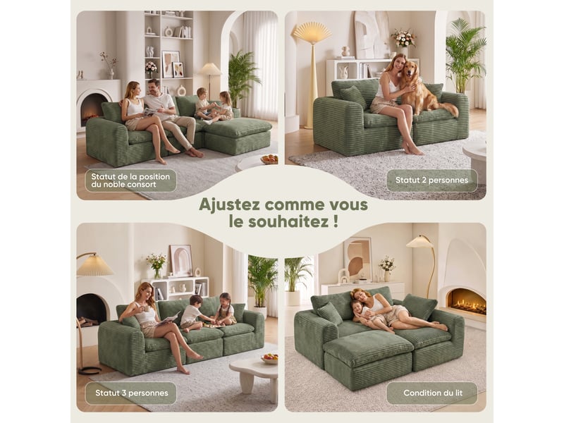  Canapé d'angle convertible 3 places en velours côtelé vert, 280 x 180 x 66 cm, méridienne droite, sans montage, agencement modulable, pour le salon CARDUME ESTIVAL - Conforama D