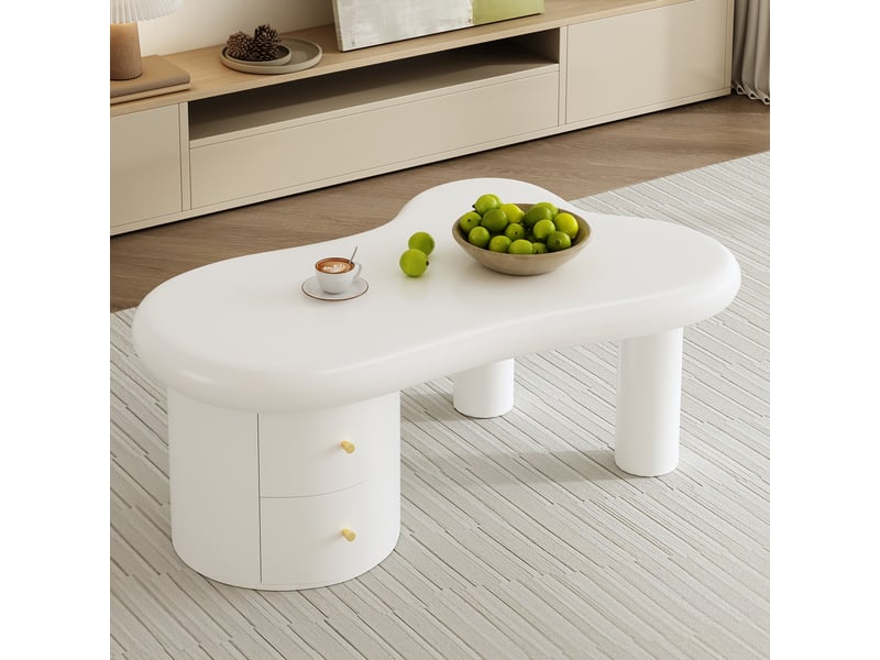 Table basse forme organique avec 2 tiroirs, bords arrondis, pour salon, mdf, blanc, 97 x 64 x 42 cm  - Conforama D