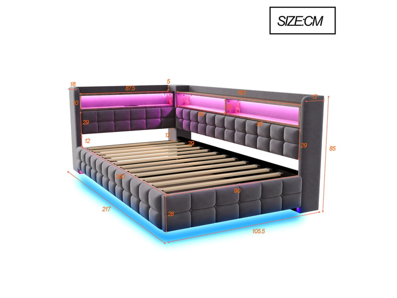  Lit canapé velours gris foncé 90x200 cm avec rangement hydraulique, led, usb et étagère  - Conforama C