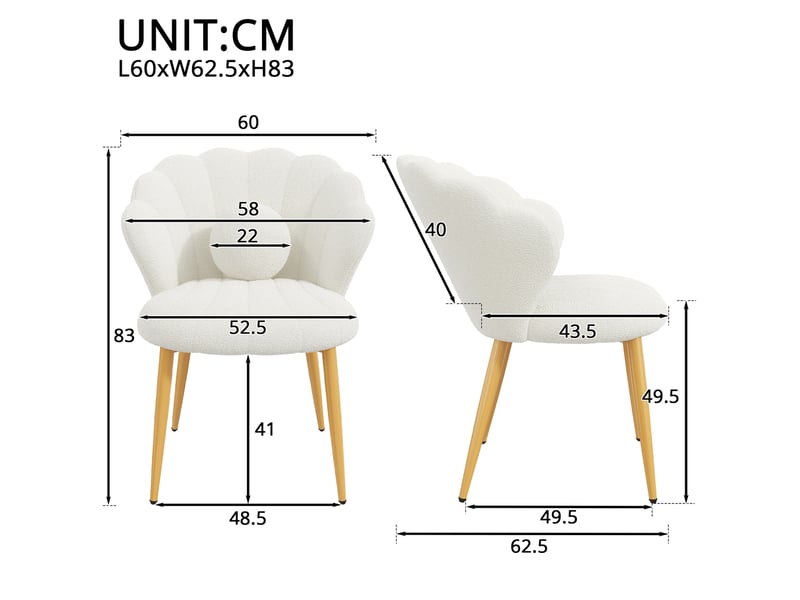  Lot de 4 chaises de salle à manger forme coquillage en tissu bouclette blanc, 60x62,5x83 cm  - Conforama C