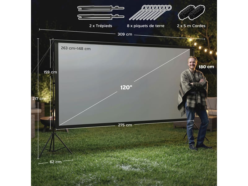  Écran de projection avec trépieds 120 pouces 16:9 hd 4k8k, écran videoprojecteur portable, 309x62x217cm, blanc et noir  - Conforama C