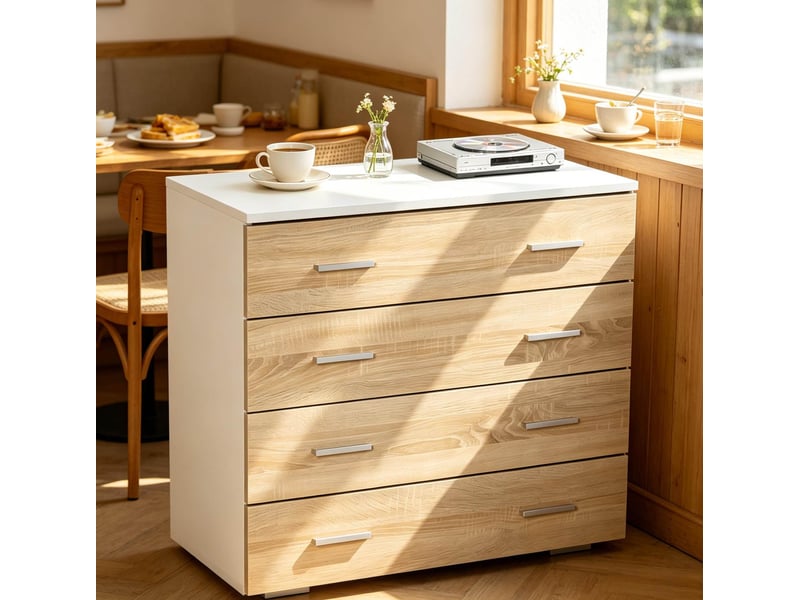  Commode de rangement 4 tiroirs 76 x 35 x 72 cm, blanc et bois clair, métal  - Conforama D