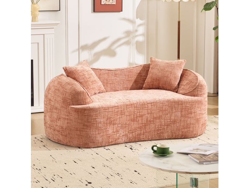  Canapé 2 places modenvie courbé rose 170 x 87 x 65 cm en chenille avec 2 coussins  - Conforama D