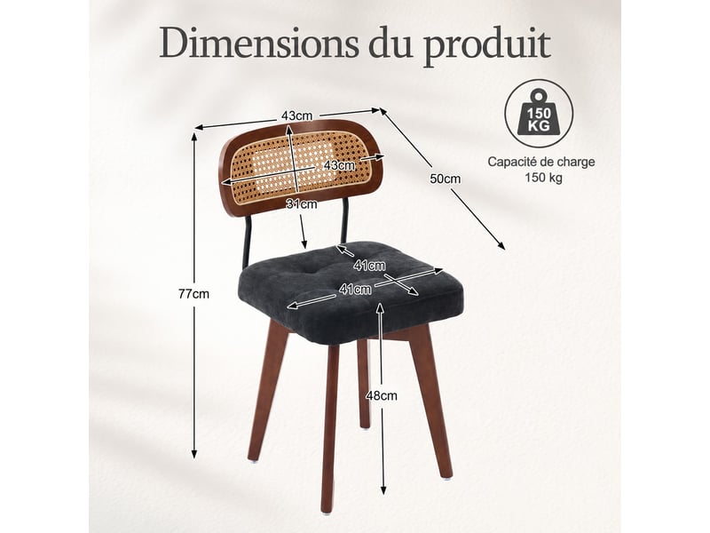  Lot de 2 chaises pivotantes 360° rotin et chenille noire, h77 cm Fay Lum - Conforama C