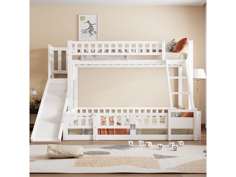  Lit superposé enfant 90x200 cm et 140x200 cm avec toboggan blanc  - Conforama B