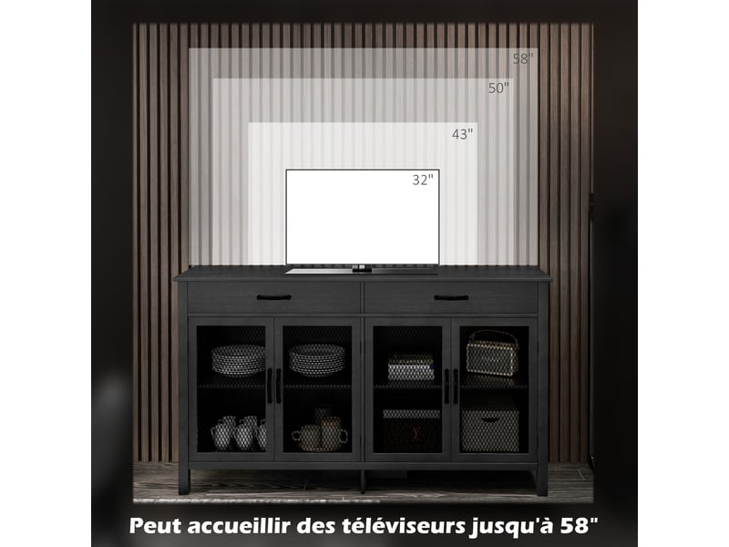  Buffet bas meuble de rangement 4 portes avec étagères réglables et 2 tiroirs style industriel noir 150 x 40 x 85 cm  - Conforama R
