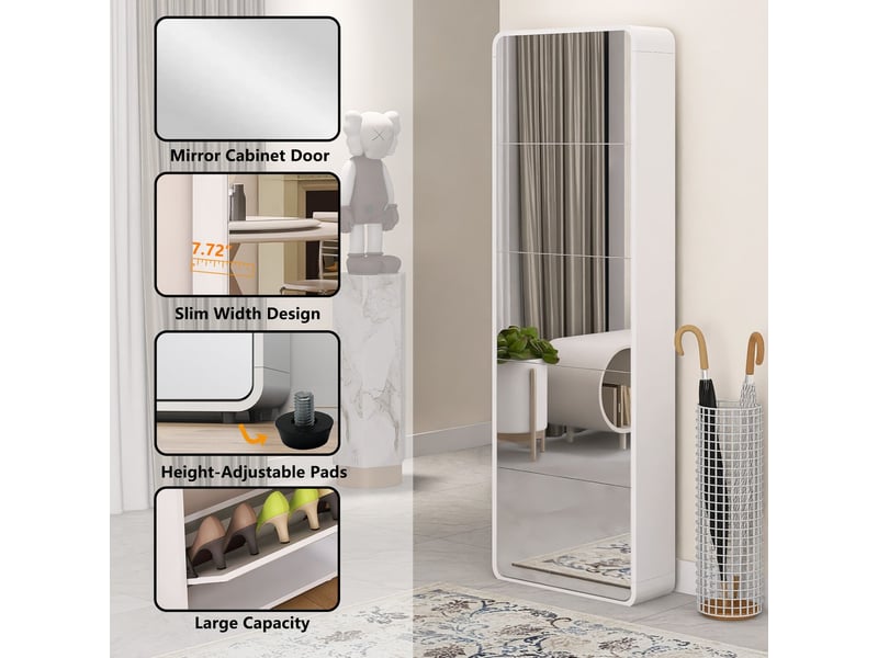  Meuble à chaussures 5 tiroirs rabattables façade miroir design cintré autoportant blanc  - Conforama E