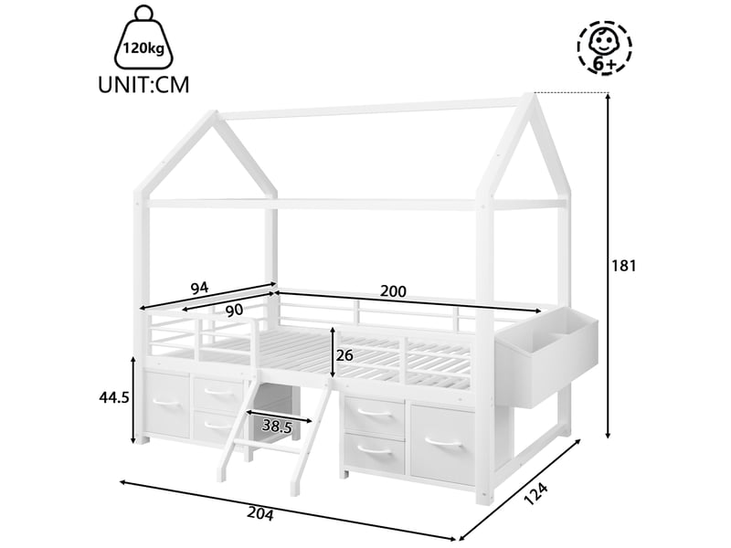 Lit mezzanine enfant 90 x 200 cm blanc, métal et mdf, toit maison avec led et tiroirs de rangement - Conforama C