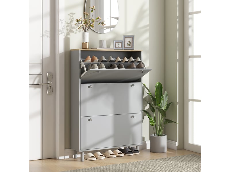  Meuble à chaussures 24 paires avec 3 tiroirs rabattables et étagères réglables, gris, 80x23,5x121cm  - Conforama D