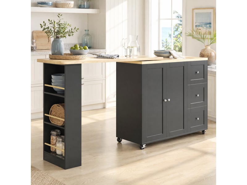  Îlot de cuisine pivotant à 360° sur roulettes, 3 tiroirs, mdf noir, 203 cm  - Conforama B