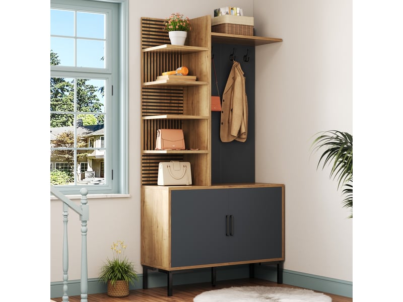  Ensemble vestiaire d'entrée avec compartiment à chaussures, étagères réglables, crochets, bois et noir  - Conforama E