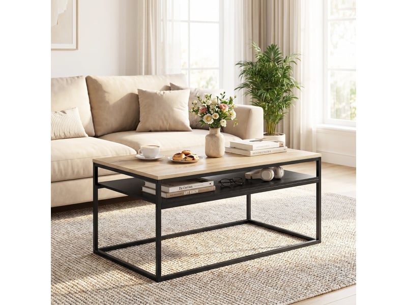  Table basse en chêne style industriel avec étagère de rangement - 100 x 59 x 47 cm, noire  - Conforama B