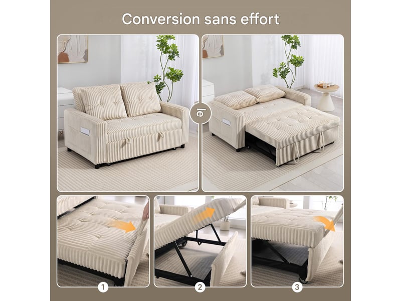  Canapé convertible 2 places en velours côtelé blanc crème 157 x 90 x 91 cm  - Conforama D