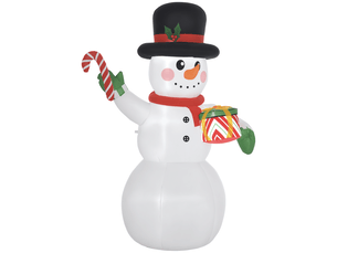 Bonhomme de neige de 1,80 m avec canne de noël et cadeau, autogonflant, led, résistant aux intempéries