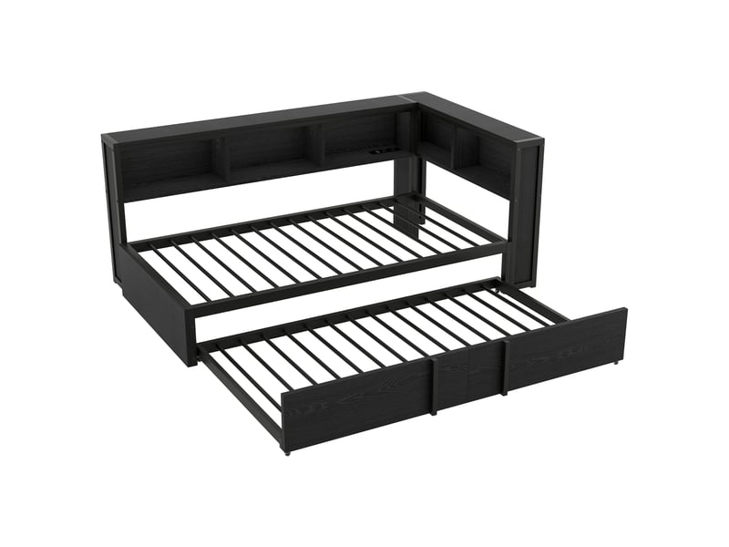  Lit gigogne 90 × 200 cm en métal et mdf, rangements intégrés, éclairage led et ports usb, couchage supplémentaire, noir  - Conforama A