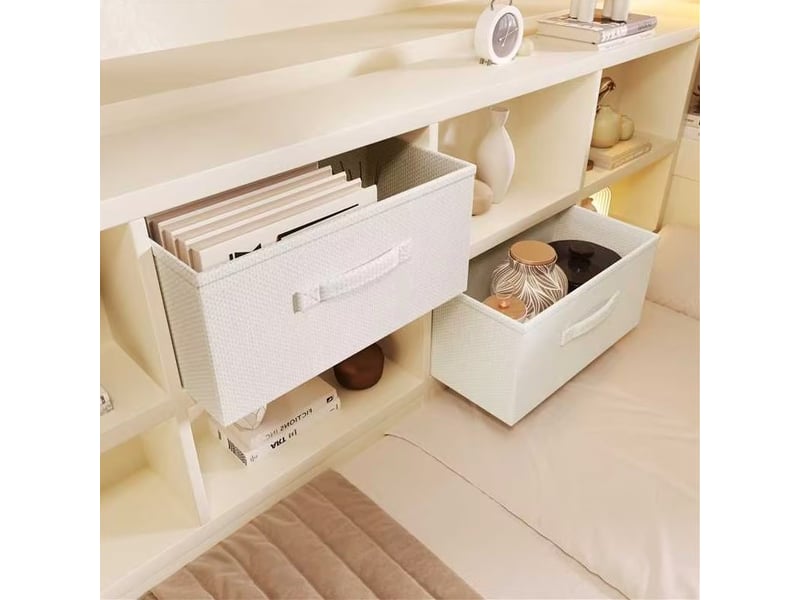  Lit gigogne 140x200 cm avec rangements et ports de charge, bois et panneau de particules, blanc, sans matelas  - Conforama D
